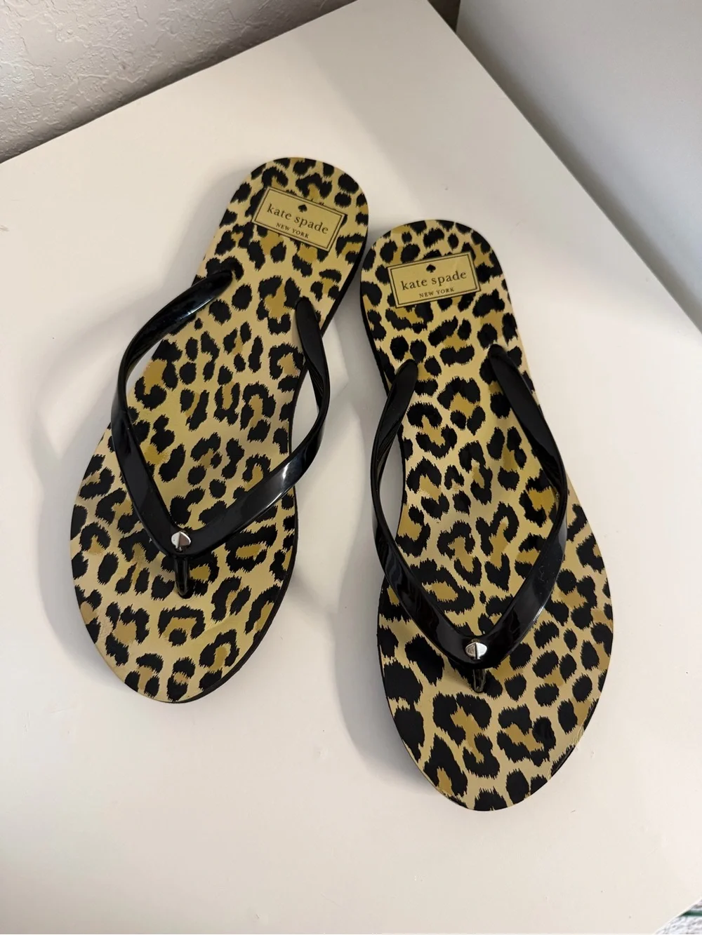 kate spade | Leopard-Print Flip Flop Sandals with Black Straps